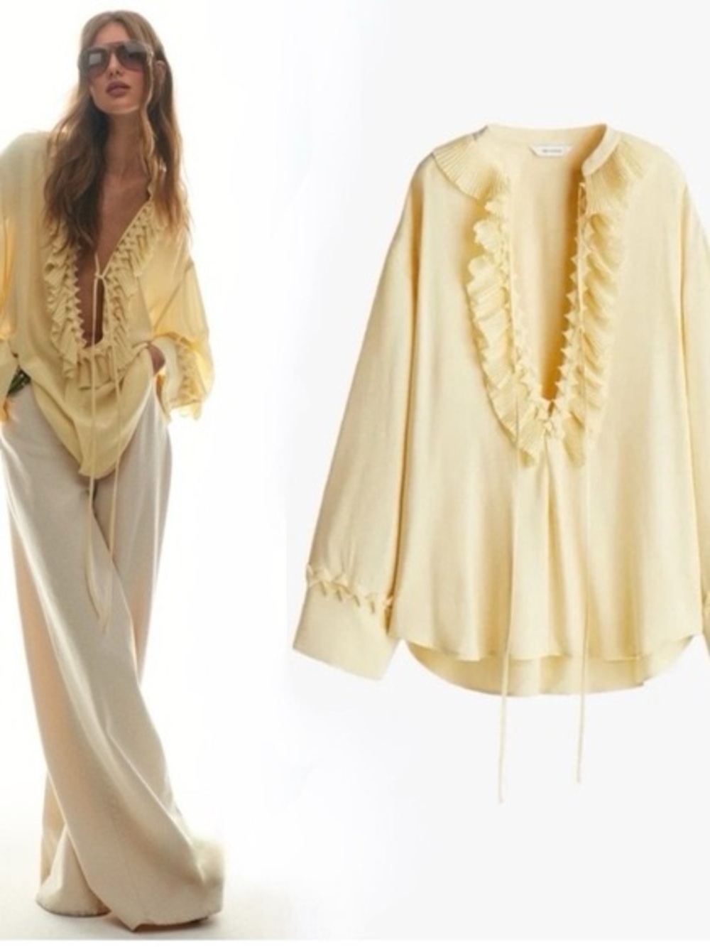 H&M Pale Yellow Ruffled V-Neck Tunic Blouse